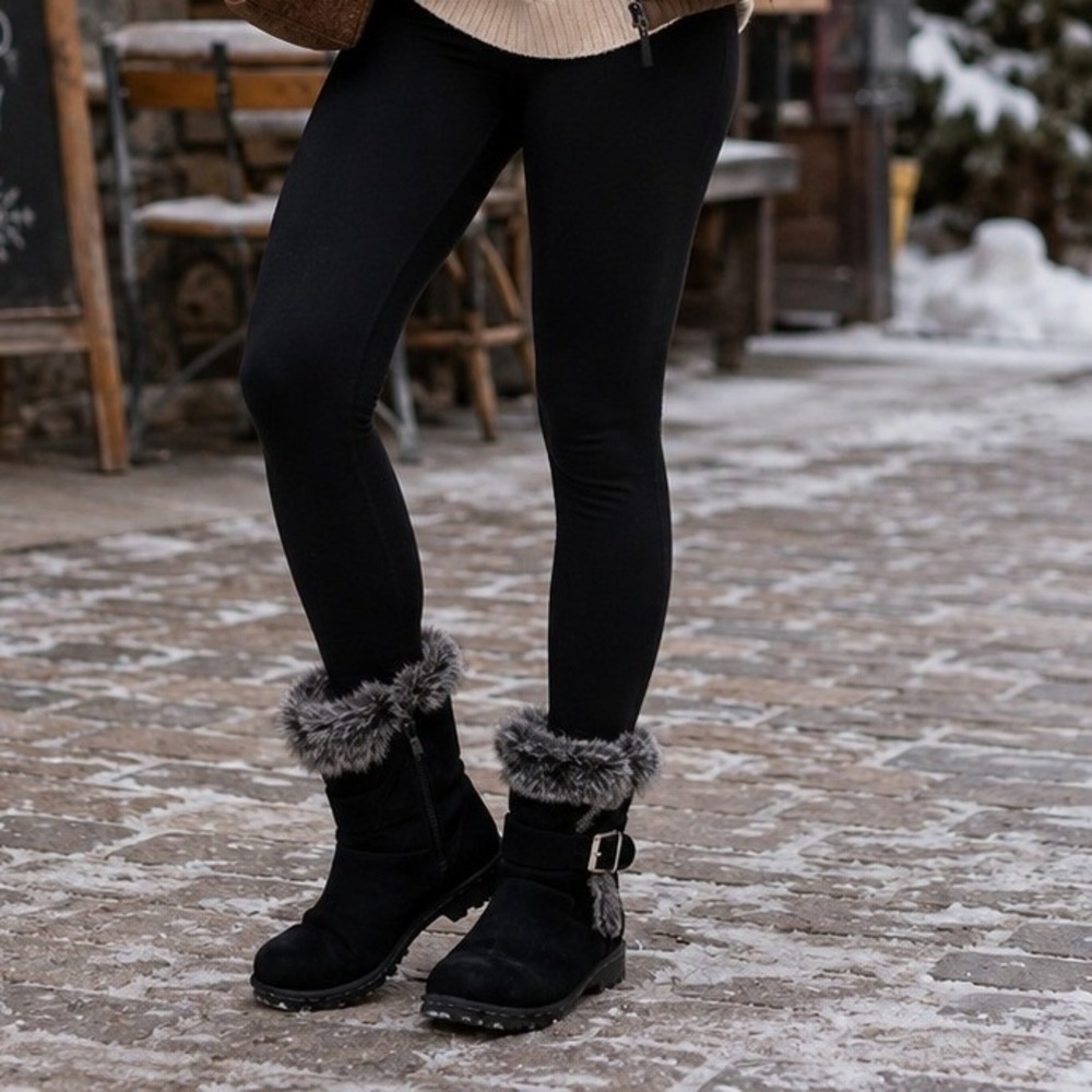 Khombu Womens 7 Black Suede Faux Fur Ankle Boots Buckle Winter Booties